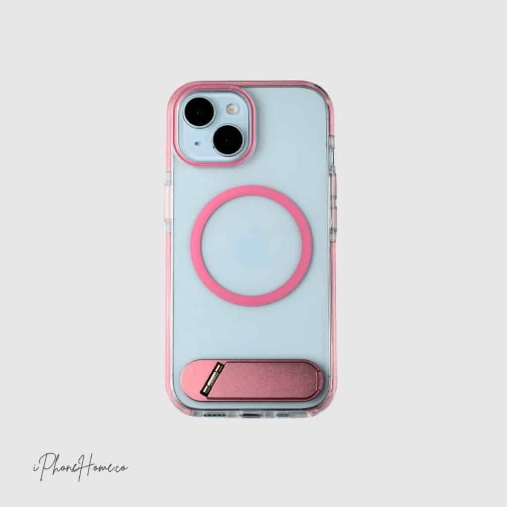 قاب اسلیکتو شفاف مگ سیف استند دار صورتی مناسب iPhone 15 (7842)
