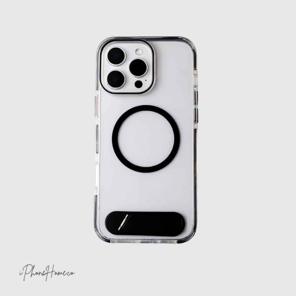 قاب اسلیکتو شفاف مگ سیف استند دارمشکی مناسب iPhone 15 Pro Max (7847)